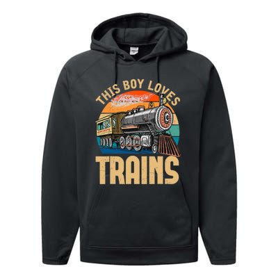 Vintage This Boy Loves Trains Train Railroad Lover Performance Fleece Hoodie