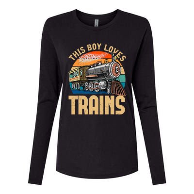 Vintage This Boy Loves Trains Train Railroad Lover Womens Cotton Relaxed Long Sleeve T-Shirt