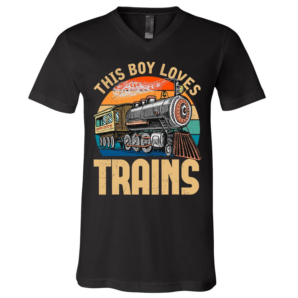 Vintage This Boy Loves Trains Train Railroad Lover V-Neck T-Shirt