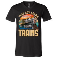 Vintage This Boy Loves Trains Train Railroad Lover V-Neck T-Shirt