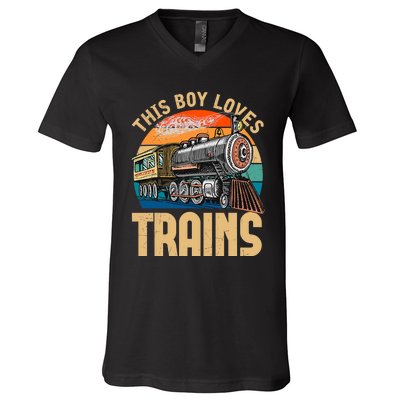 Vintage This Boy Loves Trains Train Railroad Lover V-Neck T-Shirt