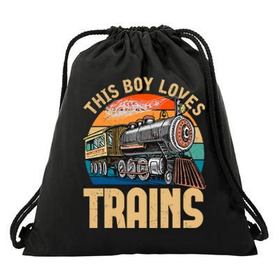 Vintage This Boy Loves Trains Train Railroad Lover Drawstring Bag