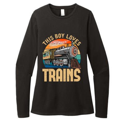 Vintage This Boy Loves Trains Train Railroad Lover Womens CVC Long Sleeve Shirt