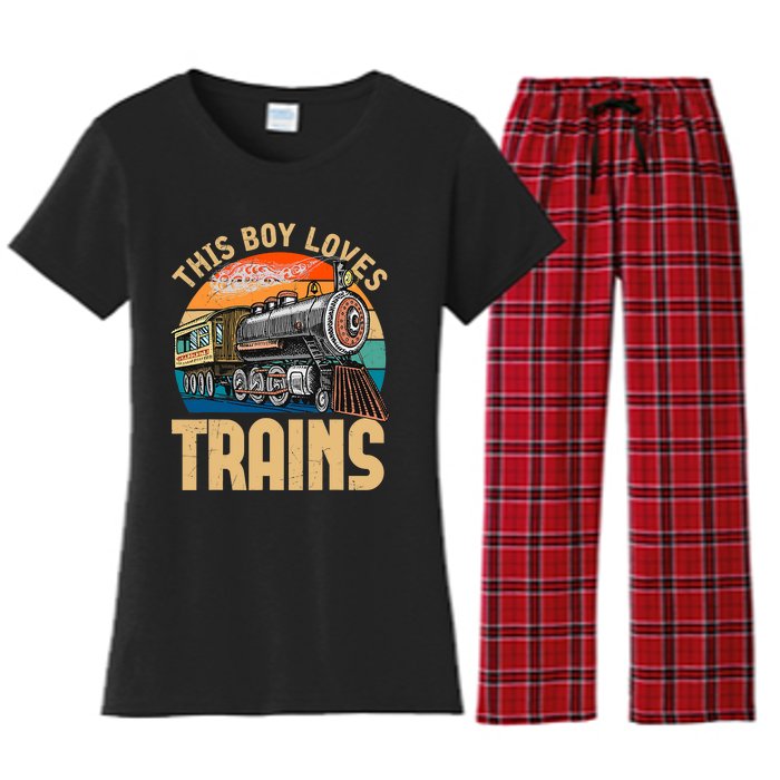 Vintage This Boy Loves Trains Train Railroad Lover Women's Flannel Pajama Set