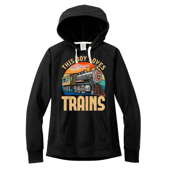 Vintage This Boy Loves Trains Train Railroad Lover Women's Fleece Hoodie