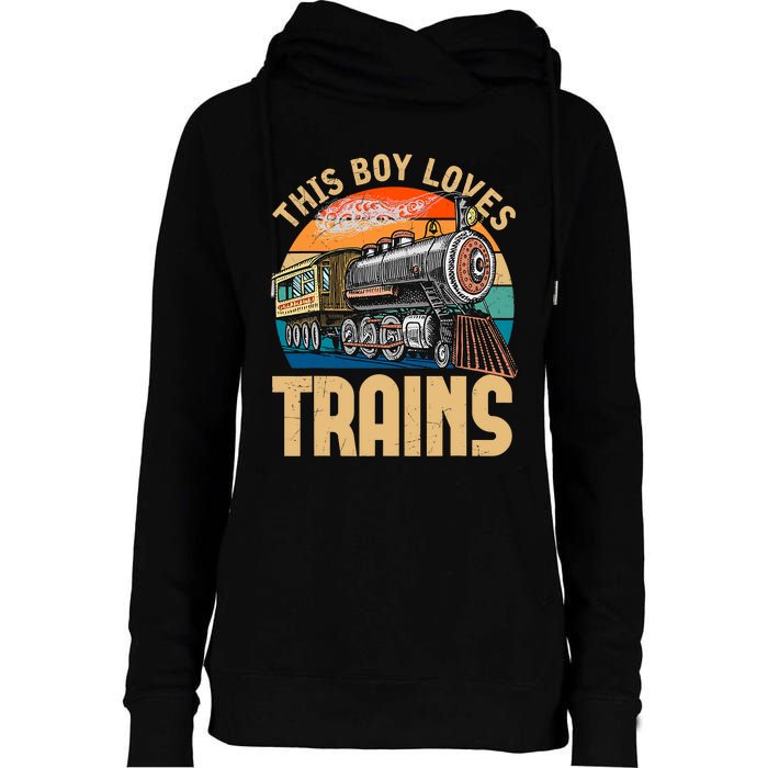 Vintage This Boy Loves Trains Train Railroad Lover Womens Funnel Neck Pullover Hood