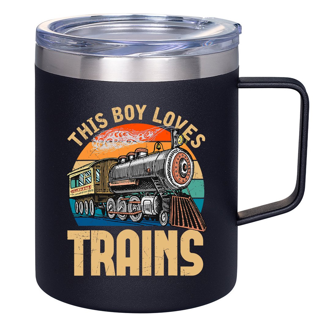 Vintage This Boy Loves Trains Train Railroad Lover 12oz Stainless Steel Coffee Mug