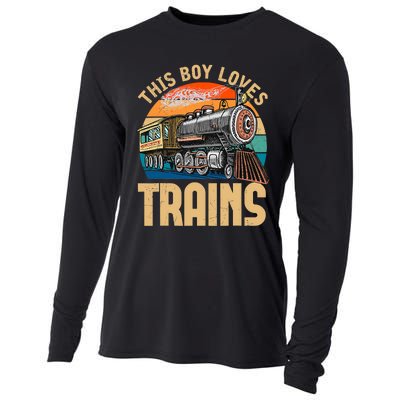 Vintage This Boy Loves Trains Train Railroad Lover Cooling Performance Long Sleeve Crew