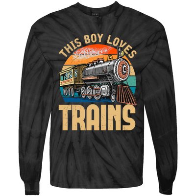 Vintage This Boy Loves Trains Train Railroad Lover Tie-Dye Long Sleeve Shirt