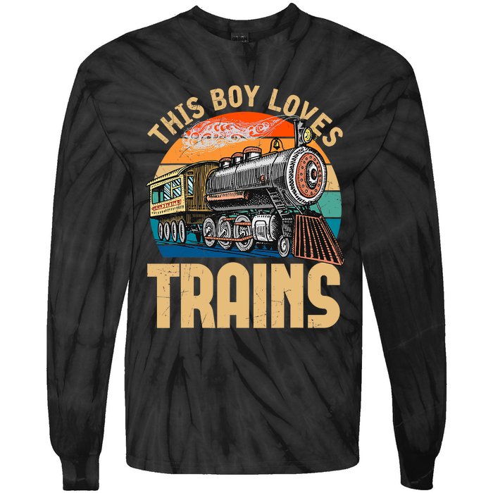 Vintage This Boy Loves Trains Train Railroad Lover Tie-Dye Long Sleeve Shirt