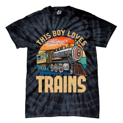 Vintage This Boy Loves Trains Train Railroad Lover Tie-Dye T-Shirt