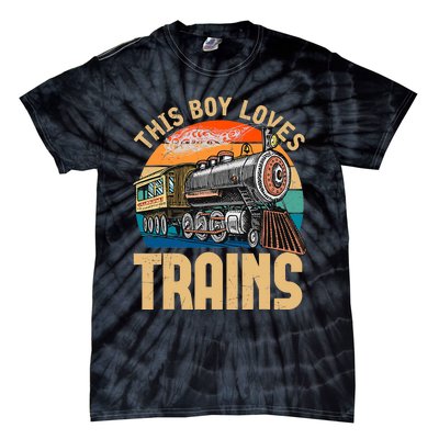 Vintage This Boy Loves Trains Train Railroad Lover Tie-Dye T-Shirt