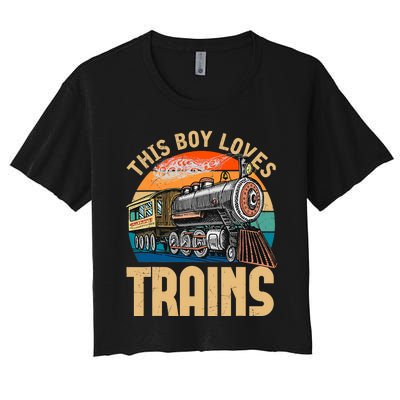 Vintage This Boy Loves Trains Train Railroad Lover Women's Crop Top Tee