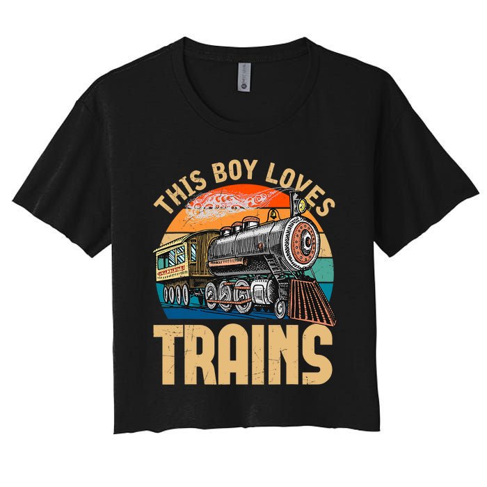 Vintage This Boy Loves Trains Train Railroad Lover Women's Crop Top Tee