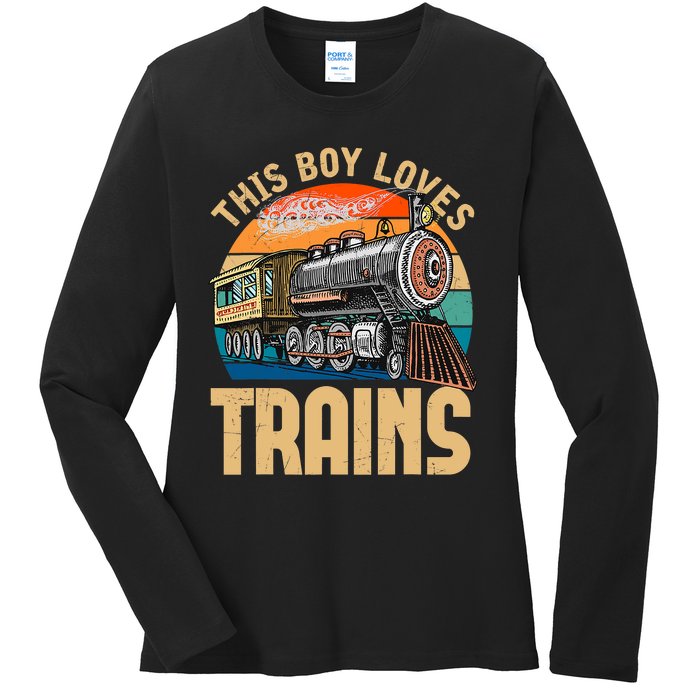 Vintage This Boy Loves Trains Train Railroad Lover Ladies Long Sleeve Shirt