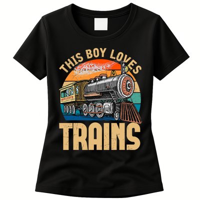 Vintage This Boy Loves Trains Train Railroad Lover Womens T-Shirt