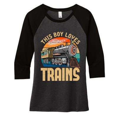 Vintage This Boy Loves Trains Train Railroad Lover Women's Tri-Blend 3/4-Sleeve Raglan Shirt