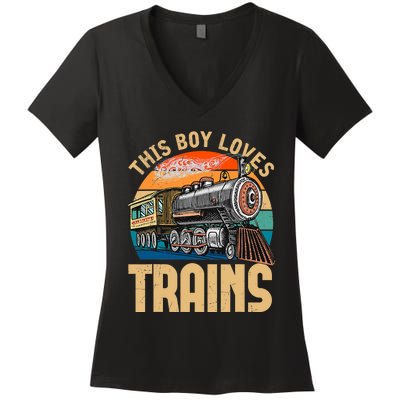 Vintage This Boy Loves Trains Train Railroad Lover Women's V-Neck T-Shirt