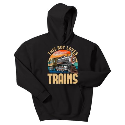 Vintage This Boy Loves Trains Train Railroad Lover Kids Hoodie