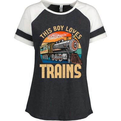 Vintage This Boy Loves Trains Train Railroad Lover Enza Ladies Jersey Colorblock Tee