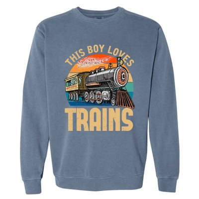 Vintage This Boy Loves Trains Train Railroad Lover Garment-Dyed Sweatshirt