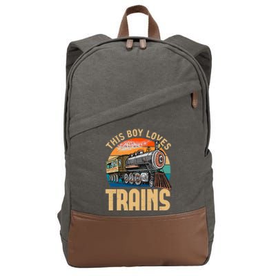 Vintage This Boy Loves Trains Train Railroad Lover Cotton Canvas Backpack