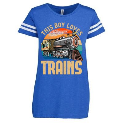 Vintage This Boy Loves Trains Train Railroad Lover Enza Ladies Jersey Football T-Shirt