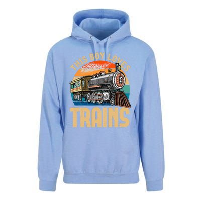 Vintage This Boy Loves Trains Train Railroad Lover Unisex Surf Hoodie