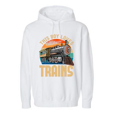 Vintage This Boy Loves Trains Train Railroad Lover Garment-Dyed Fleece Hoodie