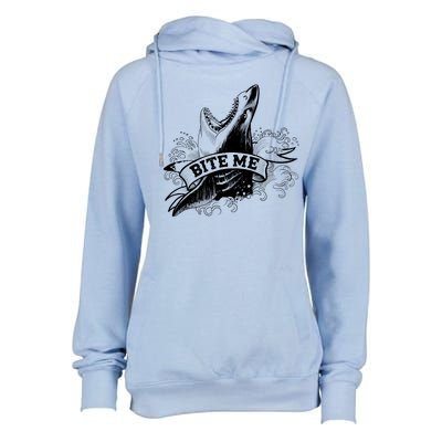 Vintage Tattoo Bite Me Shark Womens Funnel Neck Pullover Hood