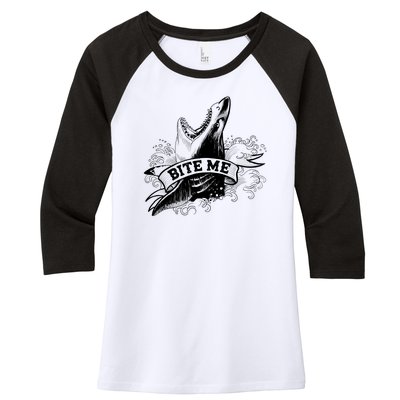 Vintage Tattoo Bite Me Shark Women's Tri-Blend 3/4-Sleeve Raglan Shirt