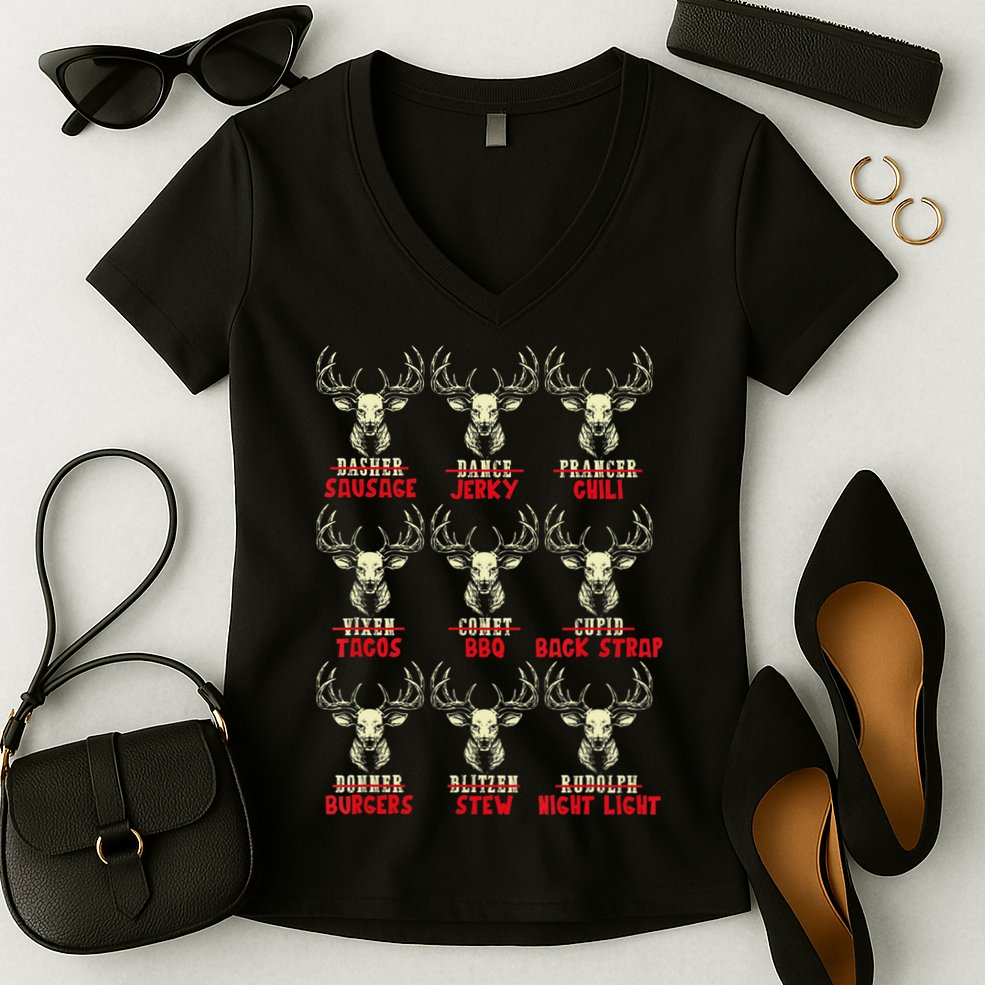Venison The Christmas Meat Funny Deer Hunting Xmas Hunters Women's V-Neck T-Shirt
