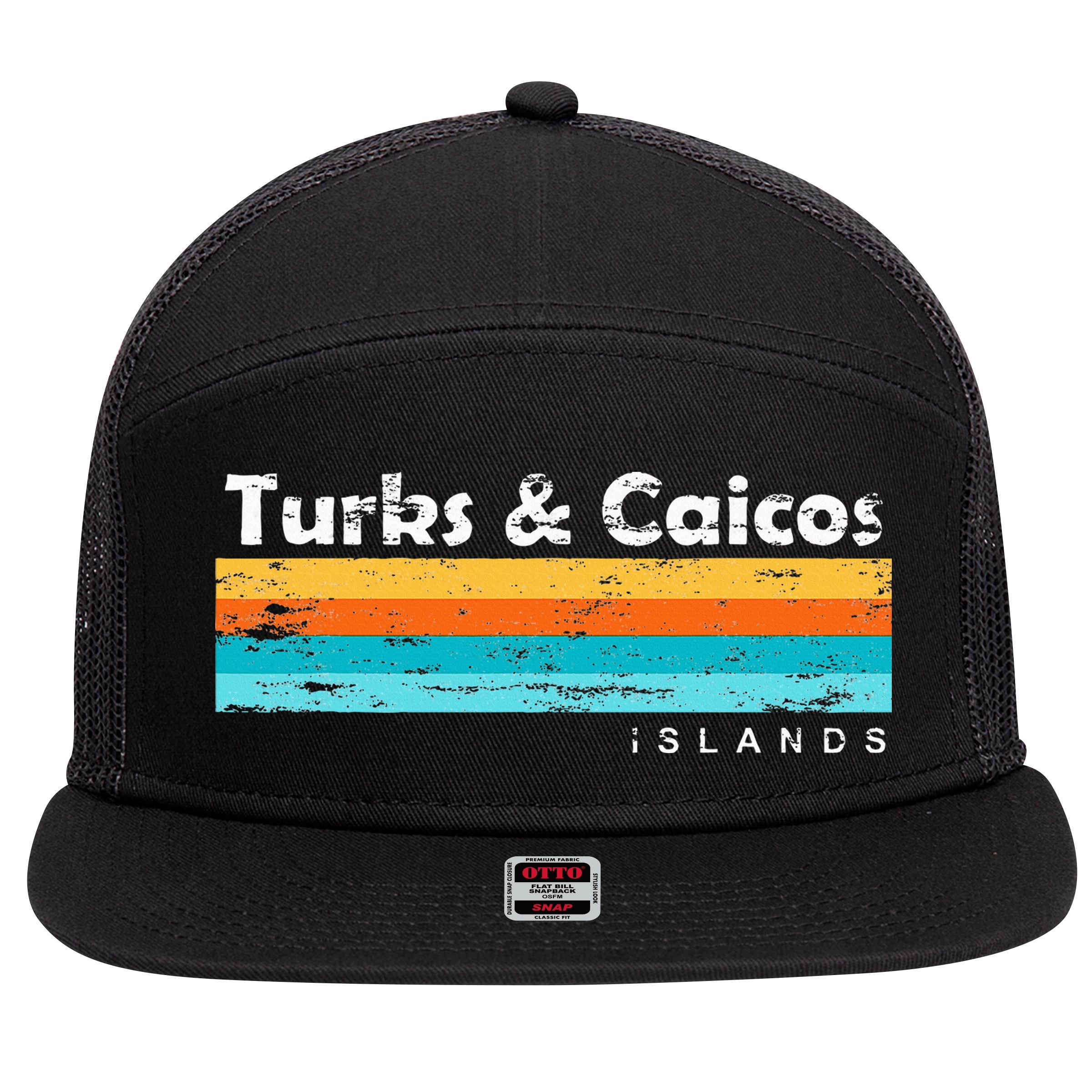 Vintage Turks & Caicos Islands Palm Trees Grace Bay Beach 7 Panel Mesh Trucker Snapback Hat