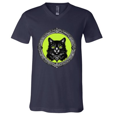 Vintage Tabby Cat Medalion Kitty Graphic V-Neck T-Shirt