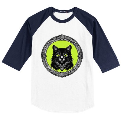 Vintage Tabby Cat Medalion Kitty Graphic Baseball Sleeve Shirt