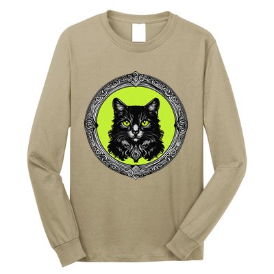 Vintage Tabby Cat Medalion Kitty Graphic Long Sleeve Shirt