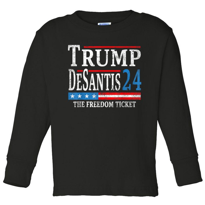 Vintage Trump Desantis 2024 The Freedom Ticket USA Flag Toddler Long Sleeve Shirt