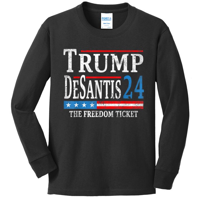 Vintage Trump Desantis 2024 The Freedom Ticket USA Flag Kids Long Sleeve Shirt