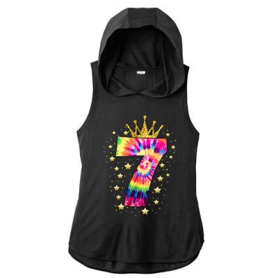 Vibrant Tie Dye 7th Birthday Celebration for a 7 YearOld Ladies PosiCharge Tri-Blend Wicking Draft Hoodie Tank