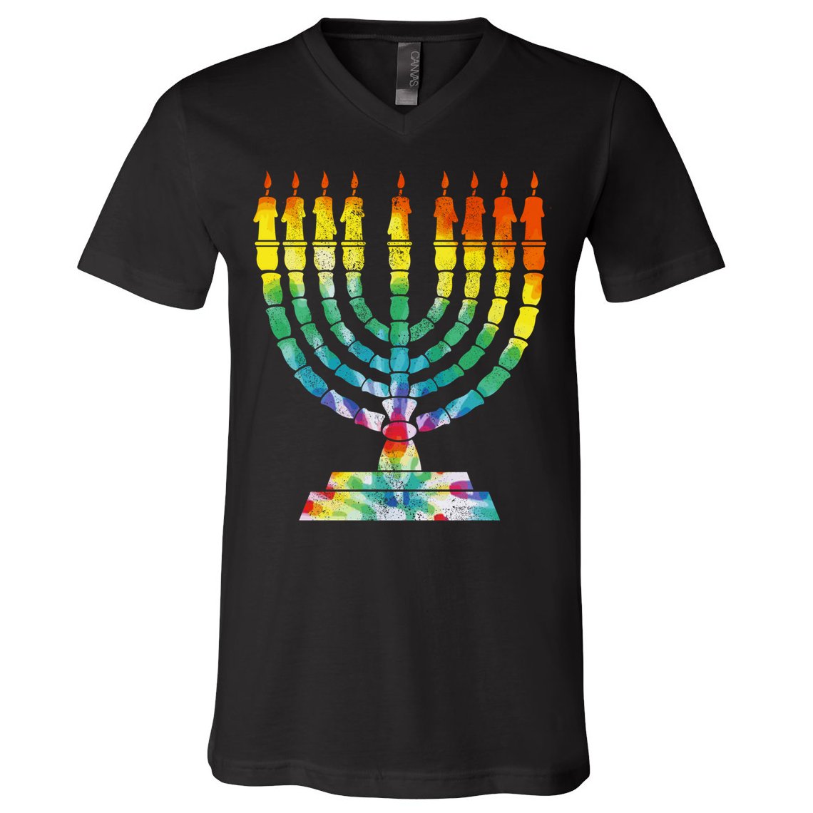 Vintage Tie Dye Hanukkah Menorah Long Sleeve V-Neck T-Shirt
