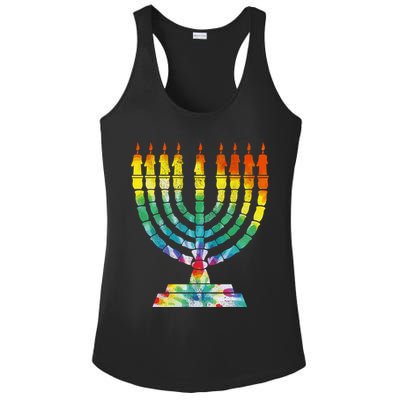 Vintage Tie Dye Hanukkah Menorah Long Sleeve Ladies PosiCharge Competitor Racerback Tank