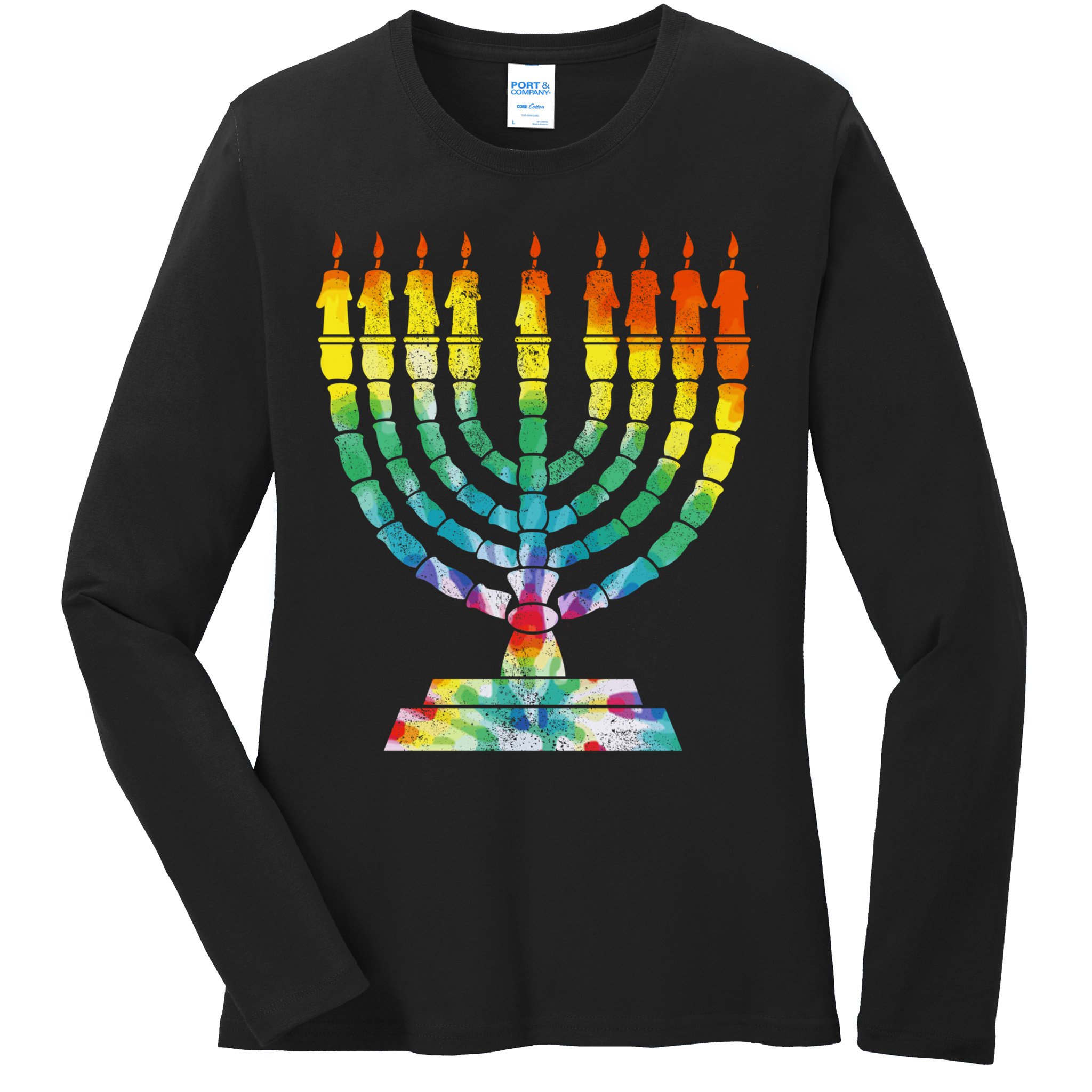Vintage Tie Dye Hanukkah Menorah Long Sleeve Ladies Long Sleeve Shirt