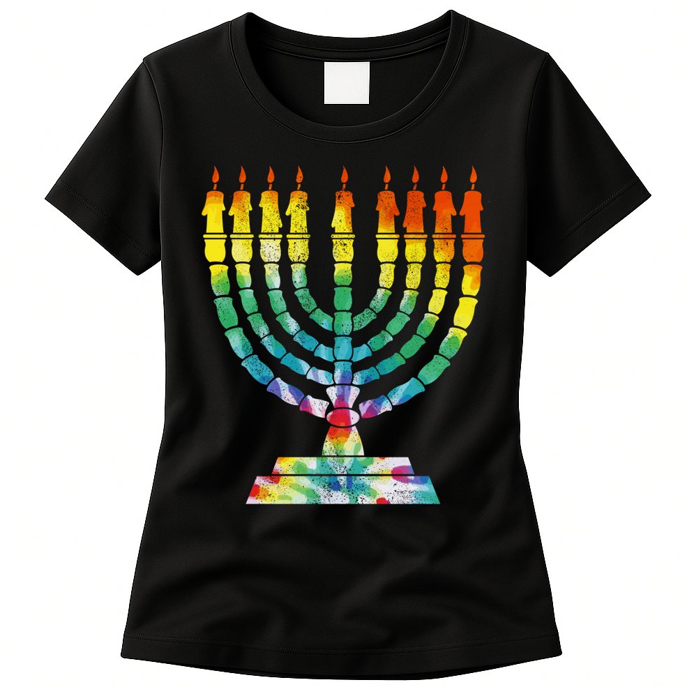 Vintage Tie Dye Hanukkah Menorah Long Sleeve Womens T-Shirt