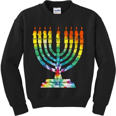 Vintage Tie Dye Hanukkah Menorah Long Sleeve Kids Sweatshirt