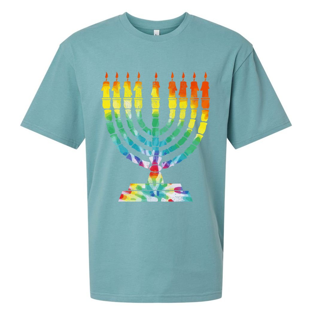 Vintage Tie Dye Hanukkah Menorah Long Sleeve Sueded Cloud Jersey T-Shirt