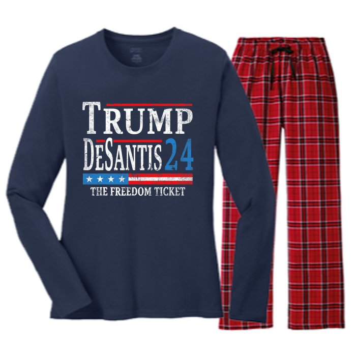 Vintage Trump Desantis 2024 The Freedom Ticket USA Flag Women's Long Sleeve Flannel Pajama Set 