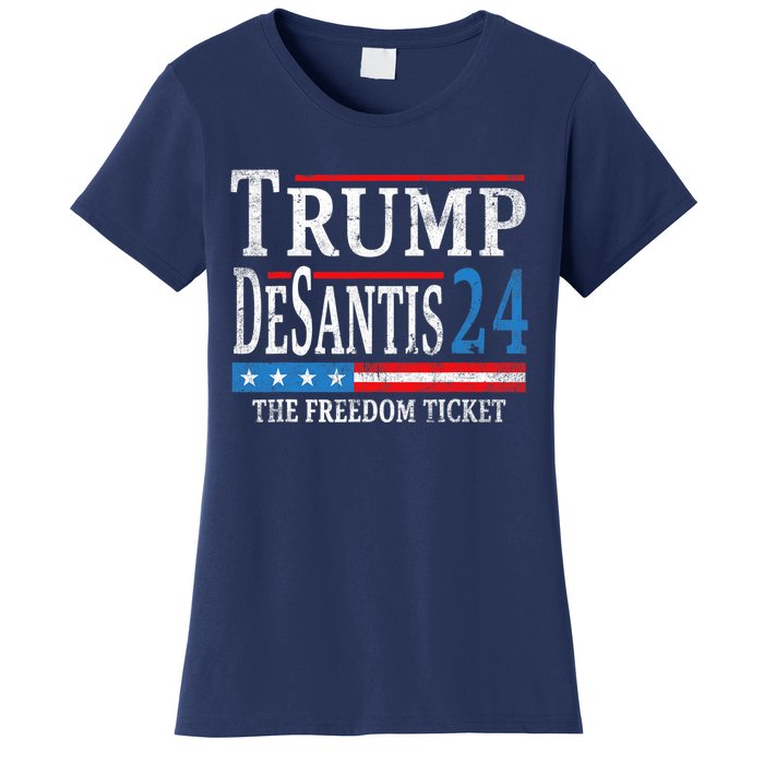 Vintage Trump Desantis 2024 The Freedom Ticket USA Flag Women's T-Shirt