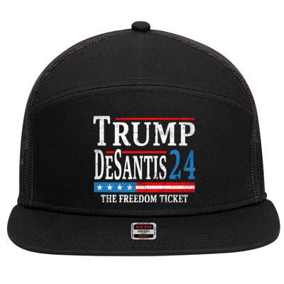 Vintage Trump Desantis 2024 The Freedom Ticket USA Flag 7 Panel Mesh Trucker Snapback Hat