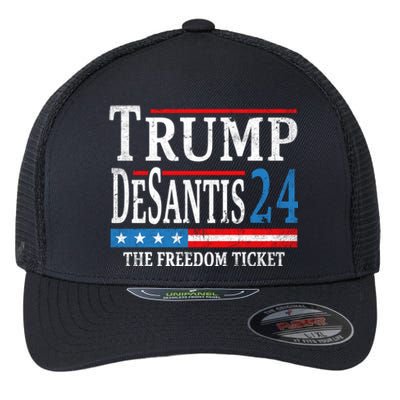 Vintage Trump Desantis 2024 The Freedom Ticket USA Flag Flexfit Unipanel Trucker Cap