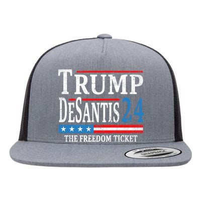 Vintage Trump Desantis 2024 The Freedom Ticket USA Flag Flat Bill Trucker Hat